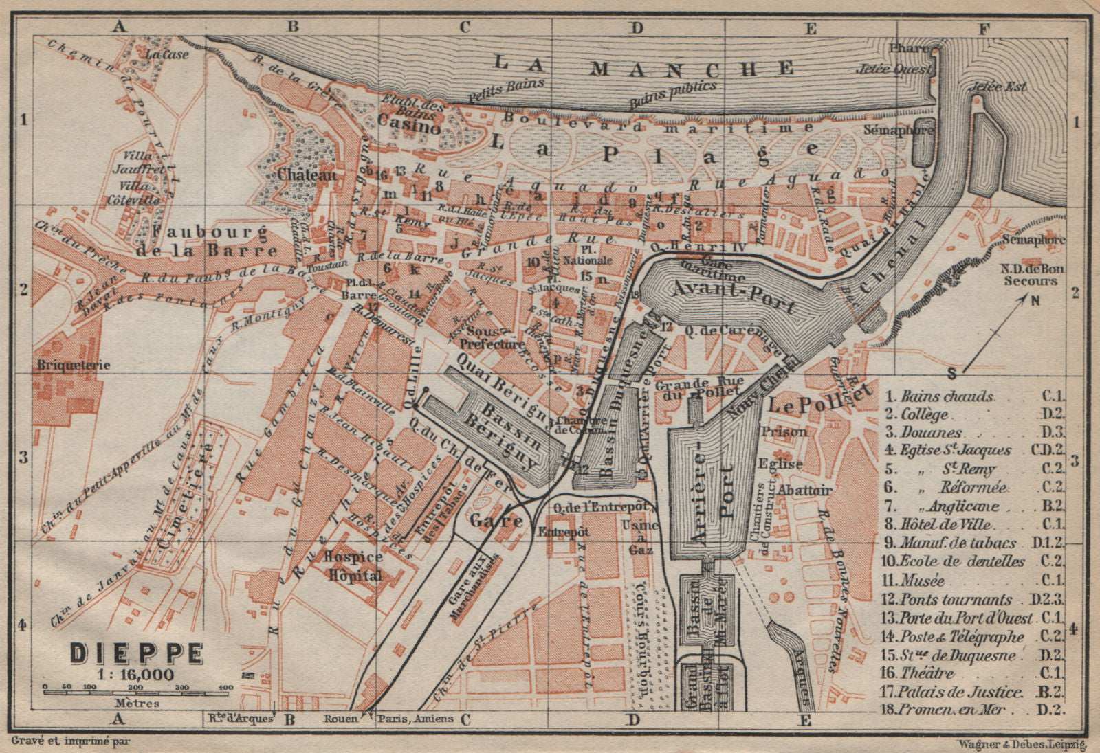 DIEPPE antique town city plan de la ville. Seine-Maritime carte 1909 old map